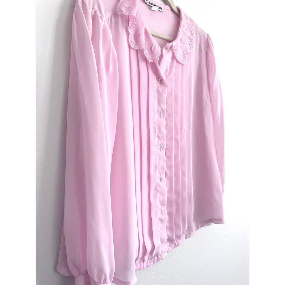 Vintage 80s Pink Pleated Embroidered Blouse Cottagecore Coquette Style Size L